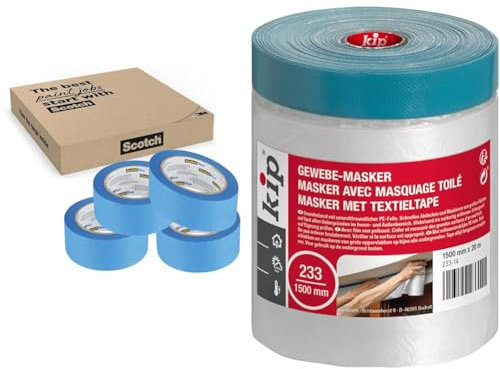 ScotchBlue Ruban de Masquage de Peinture Multi-Surfaces, 48 mm x 41 m, 4 Rouleaux & Kip – Masker avec ruban de masquage 233-14 – Ruban adhésif toilé avec bâche de protection