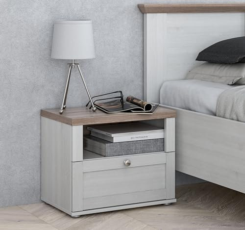 Forte ILOPPA Nachttisch 50 60, Nachschränkchen mit 1 Schublade, Nachttisch im Landhausstil, Nachtkommode, Holzwerkstoff, Nelson Eiche/Schnee Eiche Holzdekor, 55,4 cm breit x 45 cm hoch x 34,4 cm tief