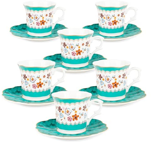 fanquare Green Floral Cups and Saucer Sets of 6 Bone China Vintage Espresso Coffee Cup with Gold Trim Elegant Afternoon Party Porcelain Tea Service Gifts 80ml