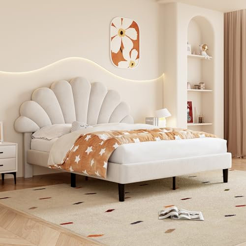 Merax Double bed frame, 4ft6 Double Upholstered Bed, Adjustable Chic Petal Headboard, Sturdy Wooden Slat Support, Velvet Fabric (No Mattress), Beige+Velvet/135CM*190CM