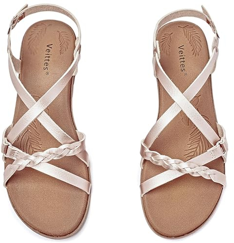 Veittes Sandales plates pour femmes, avec des bandes croisées en tressé et une sangle de cheville réglable, sandales d'été ouvertes à orteils à la mode,doré,39 EU,2207023