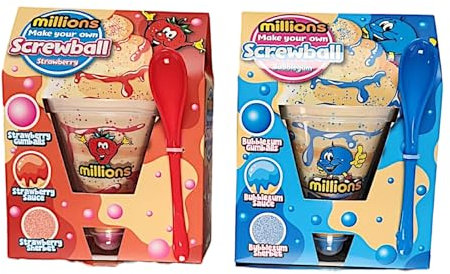 Screwball Cup DIY Dessert Kit with Strawberry & Bubblegum Flavours, Gumball, Sherbet, Syrup & Spoon (One Size, Pack of 2 (1x Bubblegum & 1X Strawberry))