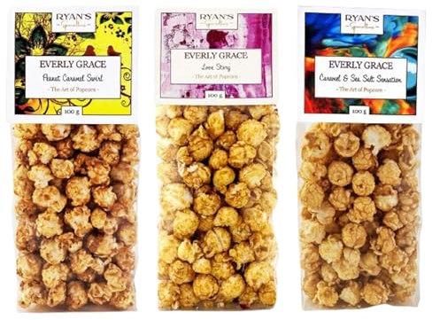 Everly Grace Popcorn Originals Bundle – Caramel & Sea Salt Sensation, Peanut Caramel Swirl, Love Story, je 100 g Popcorn-Tüten aus unserer Manufaktur in Augsburg, Deutschland