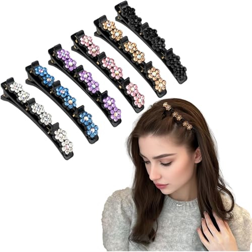 SXQLYH Doppelschicht Haarspange, 6 Stück Geflochtene Haarspangen, Kristallblume Mit 3 Clips, Elegante Haarstyling Clips Strass-Haarspange