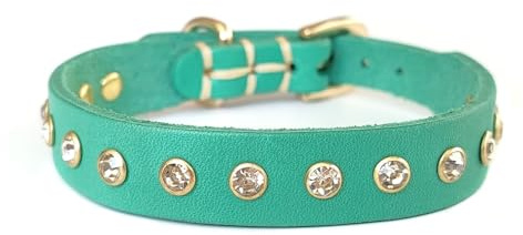 YUDOTE Hundehalsband aus echtem weichem Leder mit glitzernden Strasssteinen für kleine Hunde, Grün, Größe S