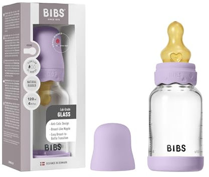 BIBS Boheme Baby Glass Bottle 120ml, Vermindert Koliken, Runder Sauger aus Naturkautschuklatex, Unterstützt das Stillen. Hergestellt in Dänemark - Violet Sky