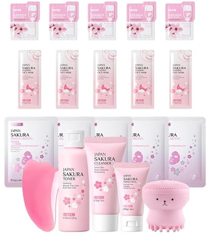 Sakura Gesichtspflege Skincare Set 20pcs, Feuchtigkeit Skin Care Set für Teenager Mädchen, Beauty Geschenkset Damen, Mädchen Geschenke mit Reiniger,Toner,Gesichtscreme,Mask,Schlammmaske,Gesichtsbürste