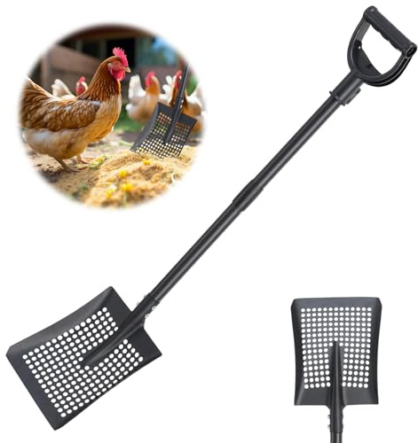 Siebschaufel für Hühnerstall, 119 cm, robuste Strand-Siebschaufel für Sand, Felsen, Kotreinigung, Metalldetektor-Schaufeln für Bauernhof, Gartenarbeit, D-Griff, quadratische Gartenschaufeln