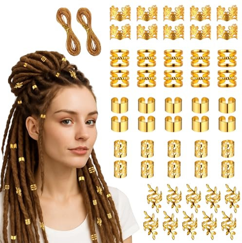 JIYIN 50 Stück Haarschmuck Gold, Dreadlocks Schmuck Haarschmuck Damen mit 2 Stirnbändern Festival Haarperlen zum Klipsen Dreadlock Zubehör für Damen Mädchen