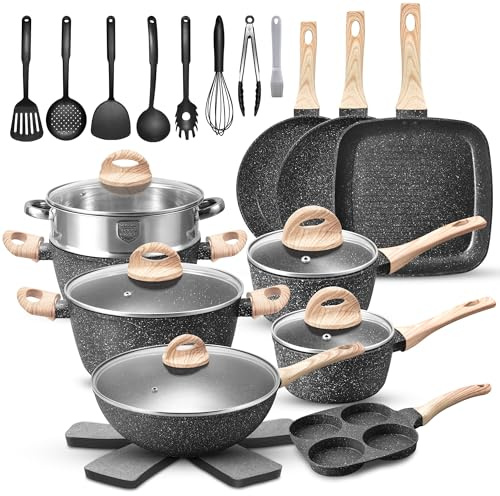 VOTTGO Ensemble de casseroles et poêles antiadhésives, 31 pièces, non toxiques et saines, batterie de cuisine en granit noir pour induction avec ustensiles et protections de casseroles, sans PFOA et