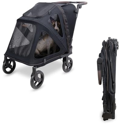 PF Haustier-Kinderwagen Wonderfold PFM Pet Stroller Medium – Premium Flat Fold Hundebuggy & Katzenwagen, faltbar, leicht, sicher mit Netzfenstern, Aufbewahrungskorb & All-Terrain-Rädern – Grau