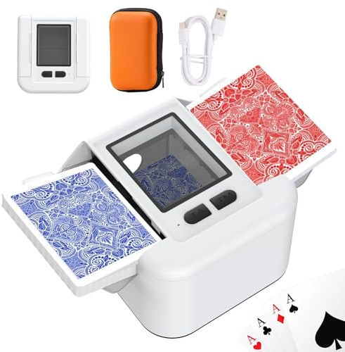 Buldoospok Wiederaufladbar Automatischer Kartenmischer 2 Deck, Geräuscharm Kartenmischmaschine Elektrische mit Auto & Manual, Faltbar Tragbar Kartenmischer für Romme Skyjo+Karten Box