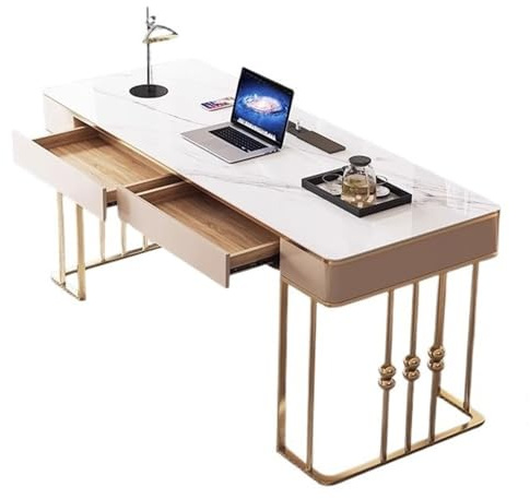 FZL02068LM PC Table Modern Laptop PC Desk, White & Gold Luxury Study Writing, Makeup Vanity Table with Charging Outlets Office Desk(L)