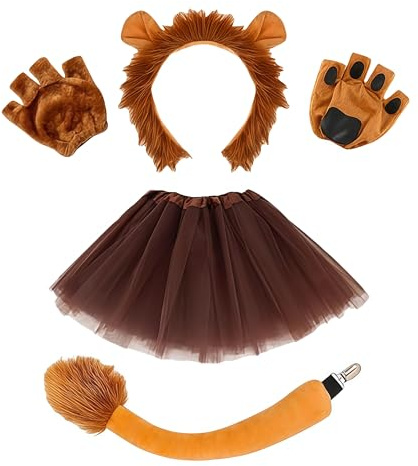 SDXCJY Löwen-Kostüm-Set, 4-teiliges Set mit Löwenohren, Handschuhen, Schwanz und Tutu-Rock, perfekt für Kinder und Erwachsene, Cosplay, Halloween, Geburtstag, Karneval, Bühnenaufführung