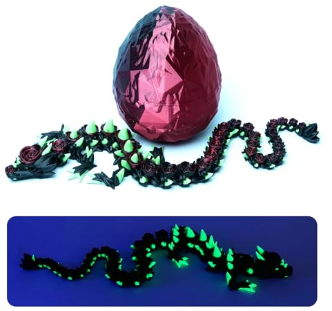 GLOW-FARM großer Rosen-Drache mit Ei, 3D-Druck, leuchtet im Dunkeln, 42 cm beweglicher Drache, Flexible Gelenke, Fidget, Geschenkidee, Fantasy, Sammelfigur, Glow-in-the-Dark (Schwarz-rot-grün)