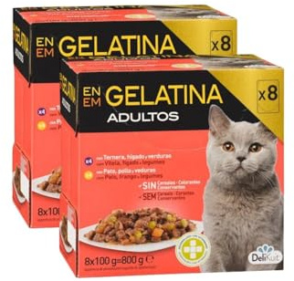 Alimento Húmedo para Gatos Adultos en Gelatina, Ternera con Hígado y Pato con Pollo, sin Colorantes, Pack 2 Cajas, 16 Sobres x 100 g DeliKuit