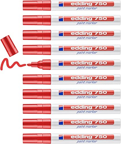 edding 750 marqueur peinture - rouge - 10 stylos - pointe ronde 2-4 mm - marqueur de peinture pour l'étiquetage du métal, verre, roche ou du plastique - résistant à la chaleur, permanent et étanche