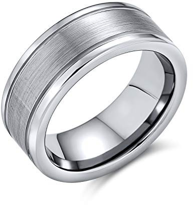 Bling Jewelry Unisex personalisierbarer einfacher doppelt gerillter gebürsteter matter Mittelstreifen-Paarring aus Titan für Männer und Frauen, silberfarben, komfortable Passform, 8MM anpassbar
