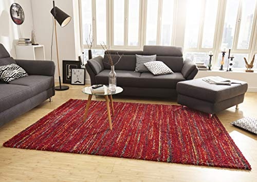 Mint Rugs Chic - Tappeto a pelo lungo morbido e soffice, stile Shaggy Flokati, motivo a righe, per cameretta dei bambini, camera da letto, cucina, corridoio, rosso, 120 x 170 cm