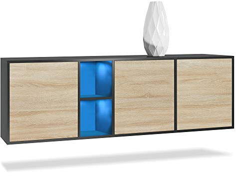 Vladon Kommode Cuba, Made in Germany, Schwarz matt/Eiche sägerau - Modernes Sideboard für Ihr Wohnbereich - (BxHxT) 182x53x35 cm