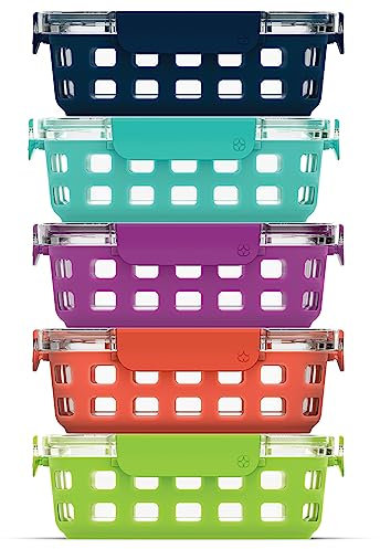 Ello Duraglass Glass Food Storage Mixed Set - Glass Food Storage Meal Prep Bowls with Silicone Sleeve and Airtight Lids, 10 piece 5 pack, Fruit Salad