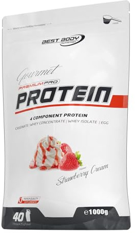 Best Body Nutrition Gourmet Premium Pro Protein Strawberry Cream 1000g, 4 Komponenten Eiweißpulver mit Caseinat, Whey, Isolat, Eiprotein – Mehrkomponenten Protein, cremiger Shake