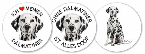 AdriLeo - Runde Aufkleber 3er-Set - Dalmatiner schwarz-weiß - Deko Autoaufkleber Sticker Hund
