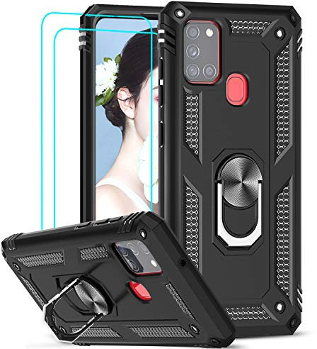 LeYi für Samsung Galaxy A21S Hülle Kompatibel mit Panzerfolie Schutzfolie(2 Stück),360 Grad Ring Halter Handy Hüllen Cover Bumper Schutzhülle für Case Samsung Galaxy A21S Handyhülle Schwarz