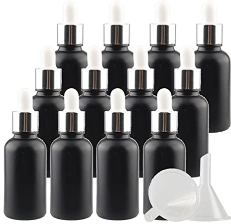 TIANZD 12 Pezzi 30 ml Bottiglie Contagocce in Vetro Nero opaco con Pipetta Tappo a Vite Argento per Oli Essenziali, Contenitori di Aromaterapia, Cosmetici