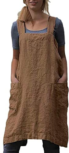 Damen Schürze, Kreuz Rücken, Schürze mit Taschen, Baumwolle Leinen Schürze Kleid Übergröße - Braun - XXX-Large