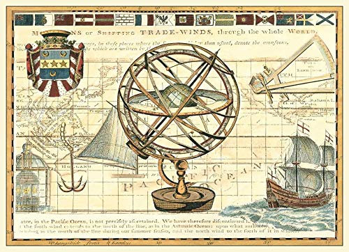 Kunstdruck auf Holz gespannt, nautische Karte I Vision Studio – Vintage horizontale Bild Karte Weltkugel Globus Flaggen Wappen Schiff Kunstdruck 32_X_44_in