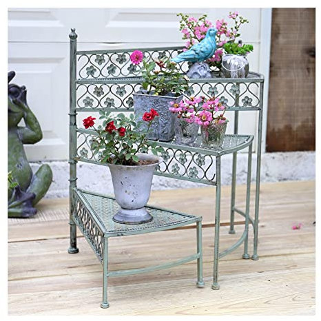 GZHENH Gartenregal, 3-stufiger Klappbarer Pflanzenständer Blumentopf Aus Metall Retro Blumentopfständer Stabile Struktur Blumenregal Mit Grünem Dill Auf Zwei Ebenen Blumentreppe