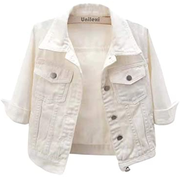 Unilexi Women's 3/4 Sleeve Colored Cropped Denim Jacket Light Wash Short Jean Jacket Trucker Coat(0096-White-M)