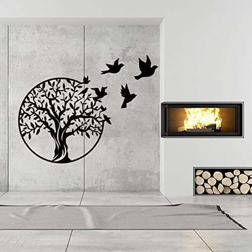 Arbre de Vie en Métal 19.2IN/49CM - Décoration Murale Ronde Avec 3 Oiseaux Pour Chambre, Jardin Extérieur - Noir