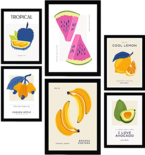 Nacnic Set mit 6 Lebensmittel- und Ernährungs Postern. Bunte Früchte. Natur- und Ernährungsposter für Innenarchitektur und Dekoration. Tamaños A3 & A4, marco negro.