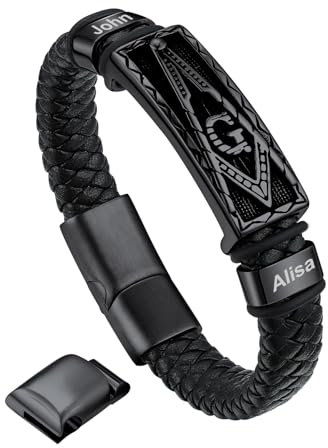Bandmax Schwarzes Personalisiert Männerarmband 23 CM Freimaurer Geflochtenes Armband mit Magnetverschluss Brüderschaft Lederarmband Klassisches Schmuck für Vatertag