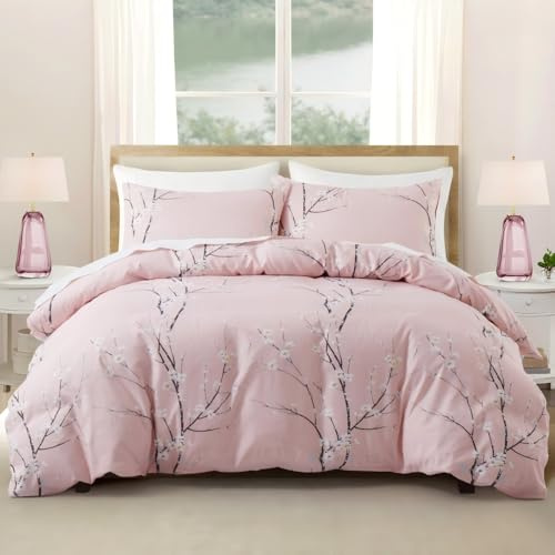 Nyescasa Bettwäsche 220x240 3 Teilig Rosa Blumen Botanisch Muster Bettwäsche-Set Blume Zweig Design Wendebettwäsche Weiche Mikrofaser Bettbezug mit Reißverschluss und 2 Kissenbezug 80x80cm