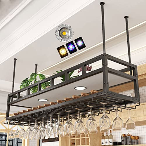 MiaJJooLi Deckenregal Weinregal mit Neon Lichtern Hängende Glashalter Metall Weinglashalter Dekoration Vintage Display Büchern Pflanzen Wein Aufbewahrung shalter für Bars Cafe Restaurants Küchen