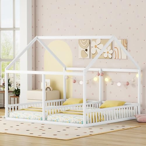 Hausbett 90x200 mit Rausfallschutz für 2 Kinder, Kiefernholz Kinderbett für Jungen & Mädchen, Kinder Bett Bodenbett, Einzelbetten, ohne Matratze Weiß