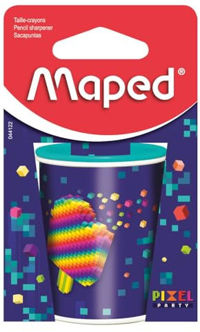 Maped - Bleistiftspitzer Pixel Party – einfaches und präzises Anschneiden – Spule aus Metall – Behälter groß – Bleistiftspitzer mit 2 Löchern