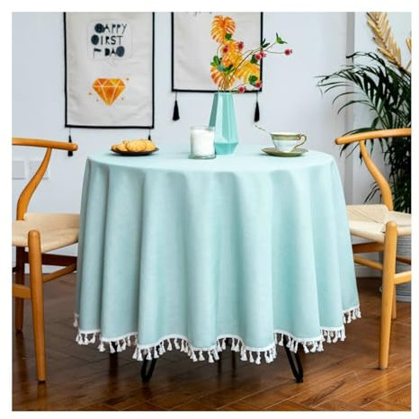 Gualiy Tischtuch Rund, Tischdecke 220CM Baumwolle Leinen Tischdecke Abwaschbar Landhausstil Einfarbig mit Quasten Tischdecken für Wohnzimmertisch, Blau Grün