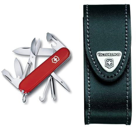 Victorinox Super Tinker Swiss Army Pocket Knife, Medium, Multi Tool, 14 Functions, Blade, Bottle Opener, Red & Leather Pouch for Swiss Army Pocket Knives, 3,5cm x 10cm, Black, STANDARD, (4.0520.3B1)
