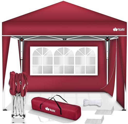 tillvex Gazebo Plegable Cenador 3x3m Impermeable | Pabellon de Jardin Pop-up Regulable en Altura | Carpa de jardín protección UV 50+ | Cenador de Fiesta con Bolsa (Rojo - con 2 Paredes)
