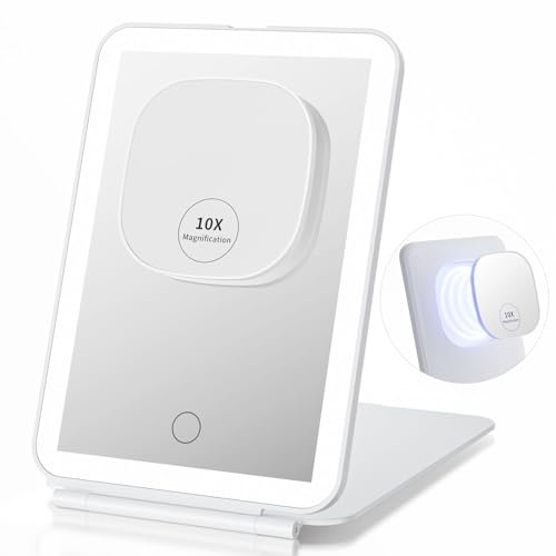 Lighted Travel Makeup Mirror With 10X Magnetic Magnifying, Lightweight Vanity 56 LED Lights 3 Color Lighting Touch Dimming Compact, 7.9x5.1 Rechargeable Light Up