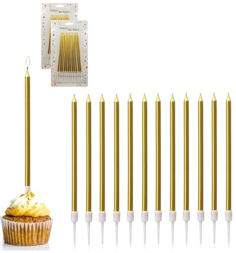 Long Thin Gold Birthday Candles for Cakes, Pack of 12 Pieces Long Gold Party Candles with Candle Holders, Tall Candles for Wedding, Birthday, Party Decorations, Anniversary and Meetups