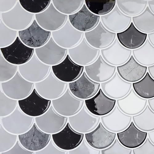 CRE8TIVE Grey White Fish Scale Wall Tiles Peel and Stick Splashback for Kitchen Marble Effect Tiles 4 PCS 30.5cm x 30.5cm Modern 3D Waterproof Bathroom Tile Stickers Shower Room Fireplace Laundry Room