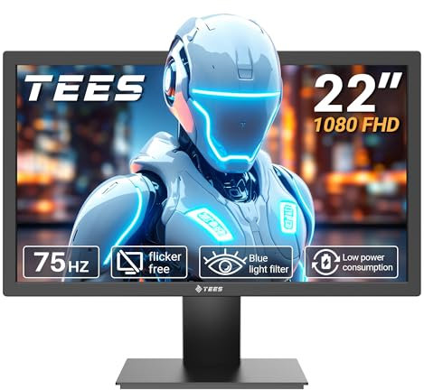 Tees 21.5 inch FHD Monitor, 75Hz 5ms NTSC 72% Desktop Display, Business ComputerMonitor HDMI VGA Free Flicker Blue Light Filter, Screen for PC Home Office Black