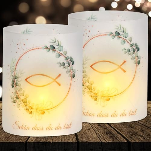 16 Windlicht Tischdeko Kommunion, Konfirmation, Taufe, Firmung und mehr, Erstkommunion Deko Eukalyptus Grün, Taufdeko Junge Mädchen Gastgeschenke, Schön DASS Du Da Bist, für Teelichter oder Kerzen