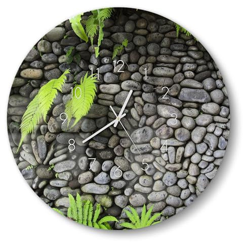 DEQORI Glasuhr | rund Ø 50 cm | Motiv Stein und Farn | große XXL Design Uhr aus Glas | leise Wanduhr für Wohnzimmer & Küche | moderne Hingucker Uhr für die Wand
