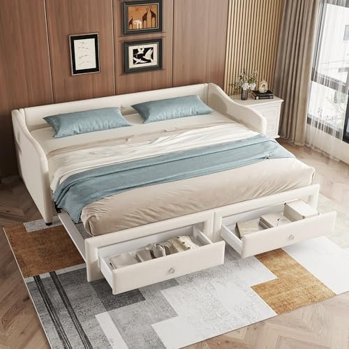 SOFTWEARY Schlafsofa mit Bettfunktion, Lattenrost und Schubladen, 90x200cm/180x200cm, Einzelbett, Polsterbett, Leinen (beige)